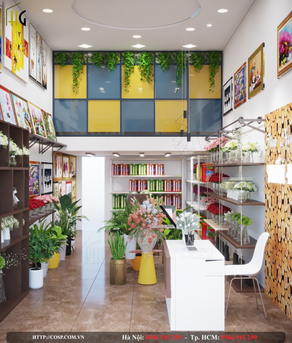 Thiết kế shop hoa kết hợp với tranh Tuấn Hằng