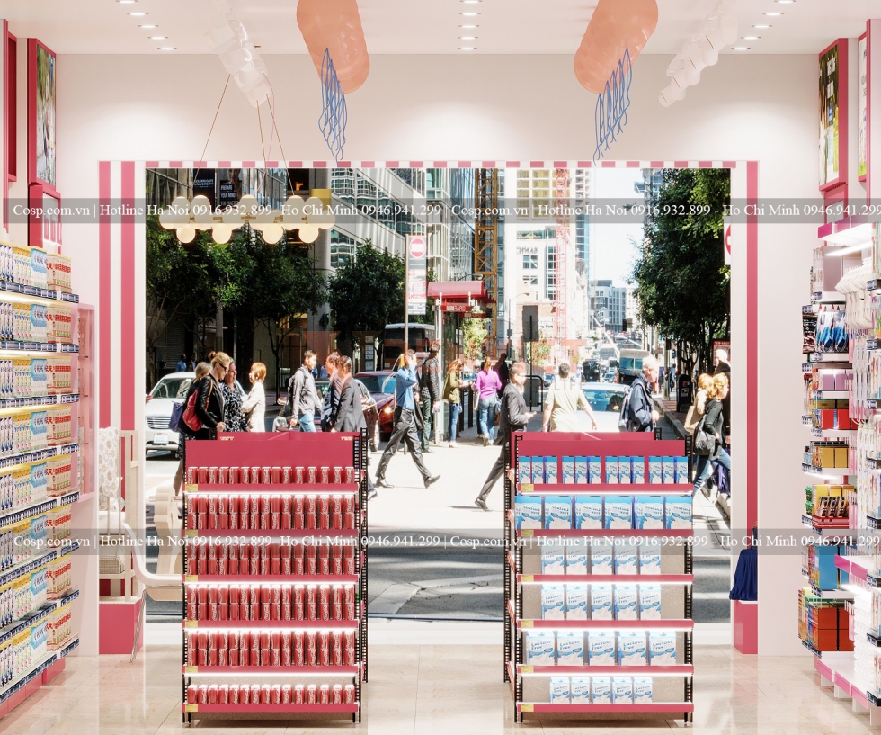 Sử dụng bóng bay và hệ thống đèn âm trần để trang trí cho cửa hàng