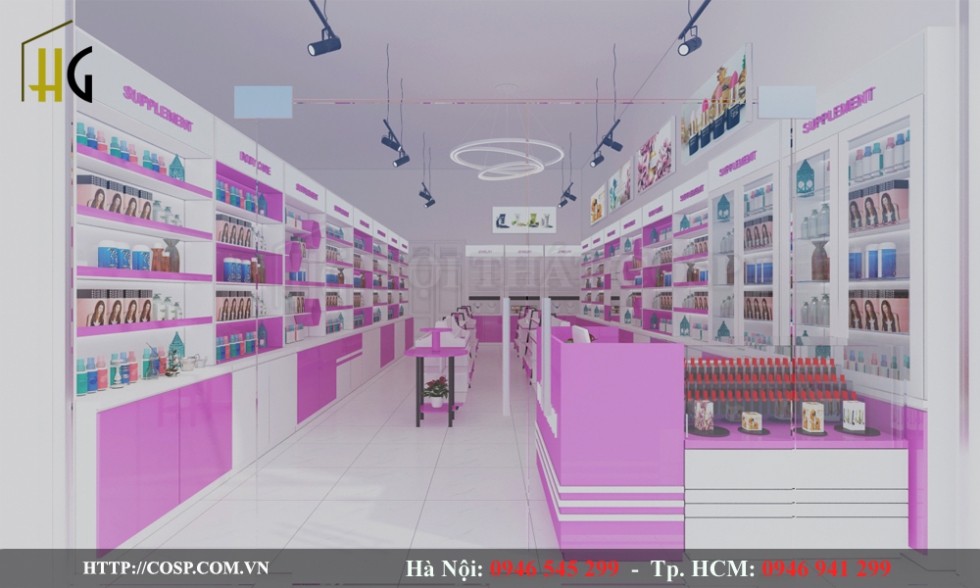 Thiết kế shop mỹ phẩm màu hồng