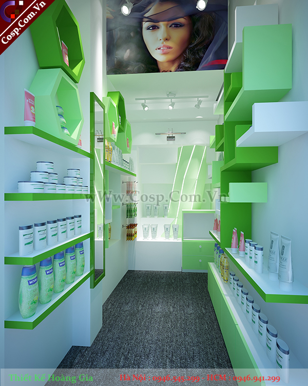 thiết kế shop mỹ phẩm tone xanh lá 2