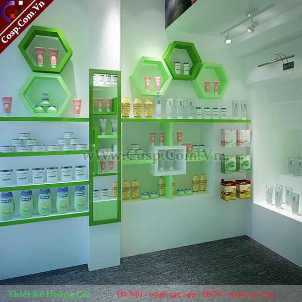 thiết kế shop mỹ phẩm tone xanh lá5