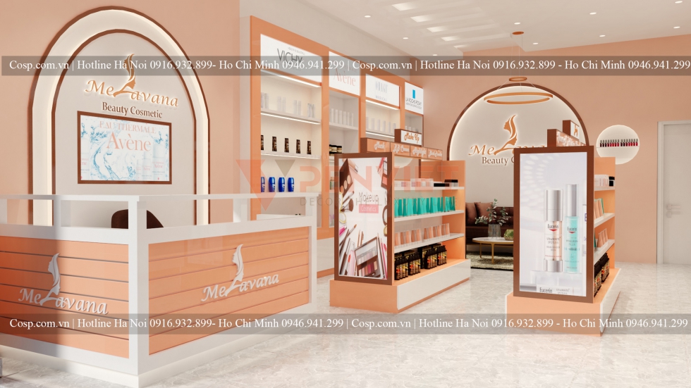 Màu cam được các kiến trúc sư Penviet chinh phục hoàn toàn trong thiết kế shop mỹ phẩm