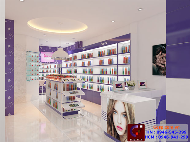 Kệ trưng bày cao và nhiều tầng được bố trí ở 2 bên sát tường