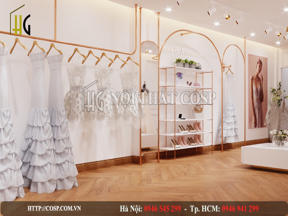 Sử dụng giá treo bằng sắt sơn tĩnh điện để trưng bày các mẫu váy cô dâu