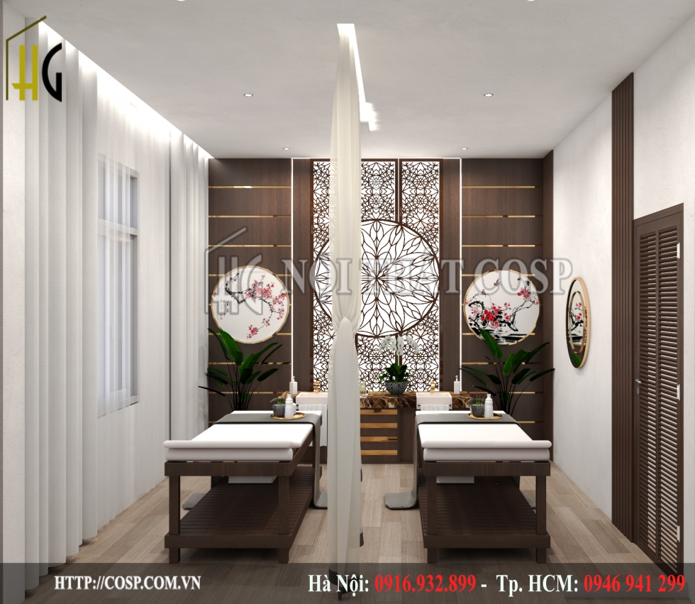 Các khu vực được ngăn cách bởi tấm rèm giữa các giường massage