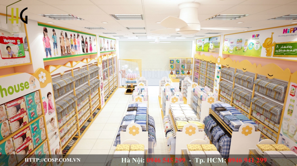 Thiết kế shop thời trang trẻ em bắt mắt với gam màu vàng