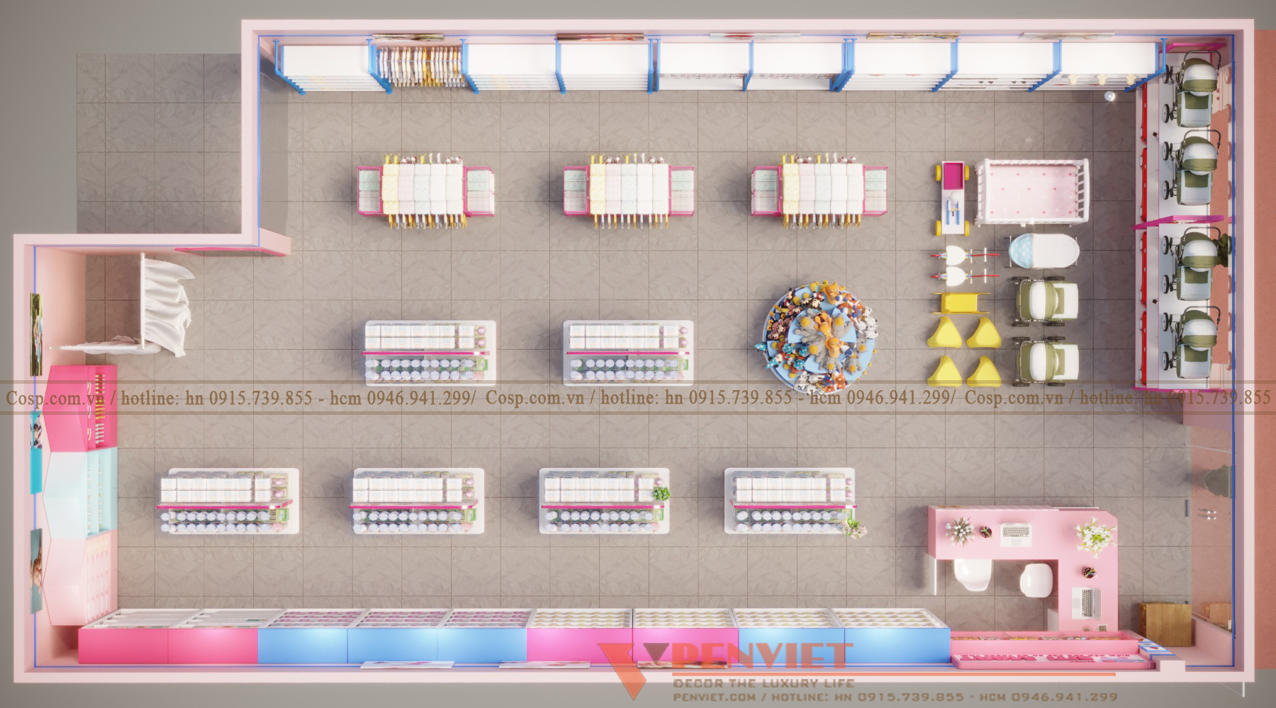 bố cục nội thất shop mẹ và bé bitimart
