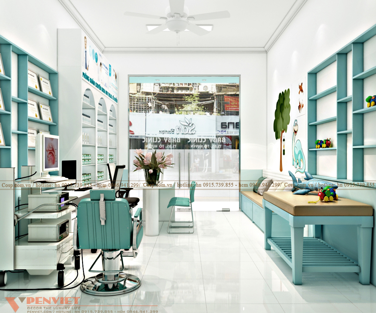 Thiết kế phòng khám nhi Hệ thống tủ kệ trưng bày được thiết kế sát tường nhiều ngăn nhỏ, chất liệu gỗ công nghiệp được xử lý kỹ càng đảm bảo an toàn cho người sử dụng.