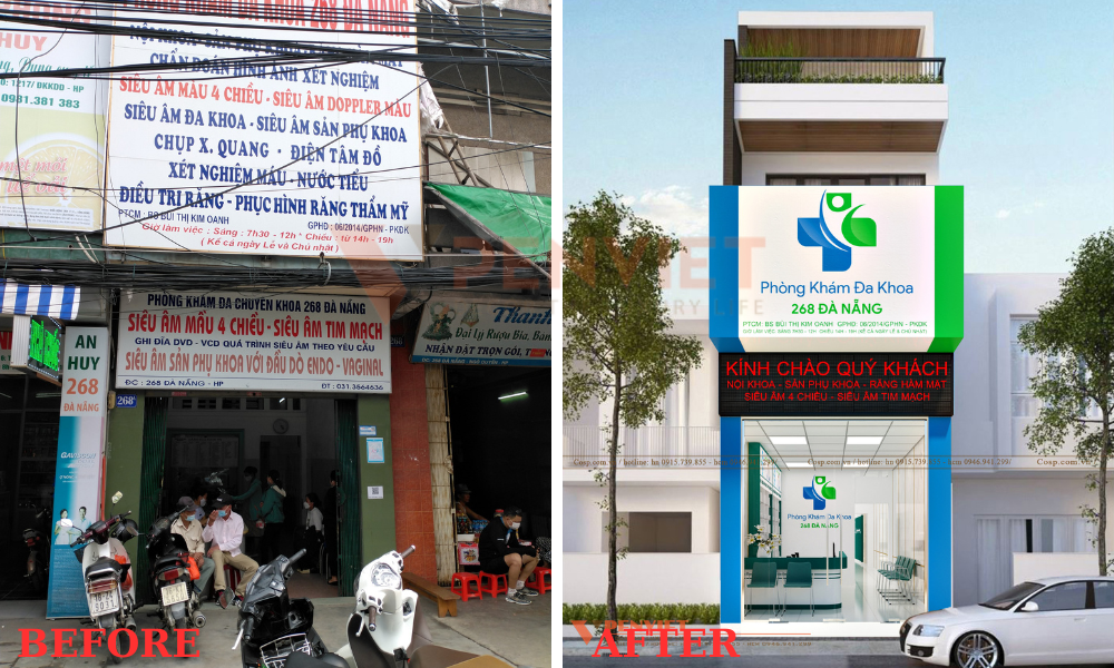 Hình ảnh hiện trạng trước và sau thiết kế mặt tiền phòng khám đa khoa