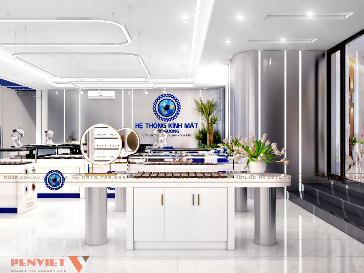 Các tủ kính giữa nhà có chiều cao vừa với tầm mắt của khách hàng, tích hợp đèn led để làm nổi bật giá trị thẩm mỹ của sản phẩm