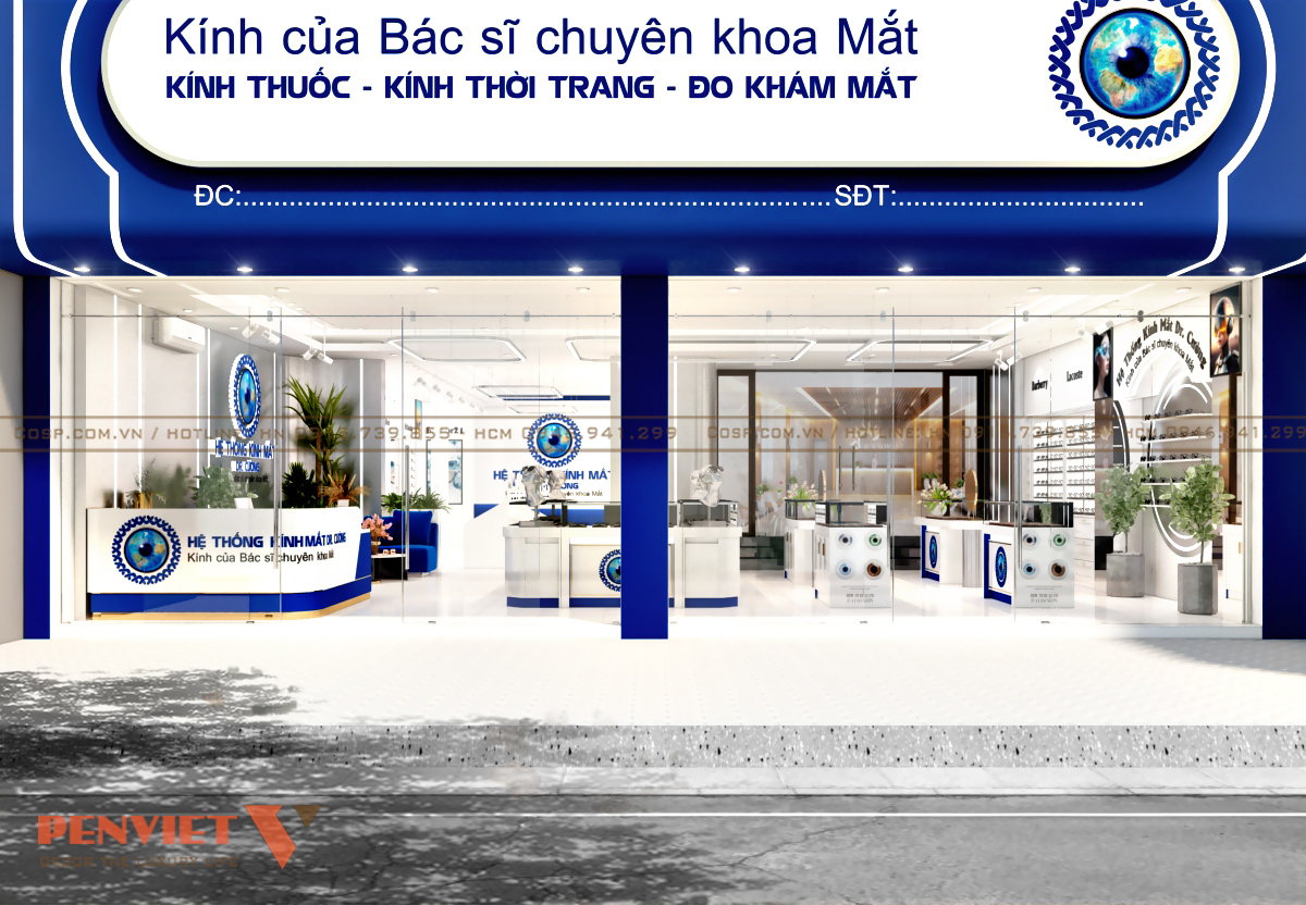 Phong cách setup mặt tiền đơn giản nhưng vẫn nổi bật bộ nhận diện thương hiệu và cung cấp đầy đủ đến khách hàng những thông tin về showroom và dịch vụ thăm khám mắt