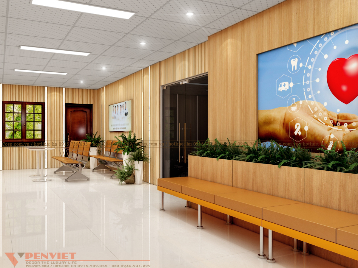 Sảnh chờ còn được bố trí hệ ghế ngồi đợi chuyên dụng cho các thiết kế phòng khám đa khoa, bệnh viện lớn