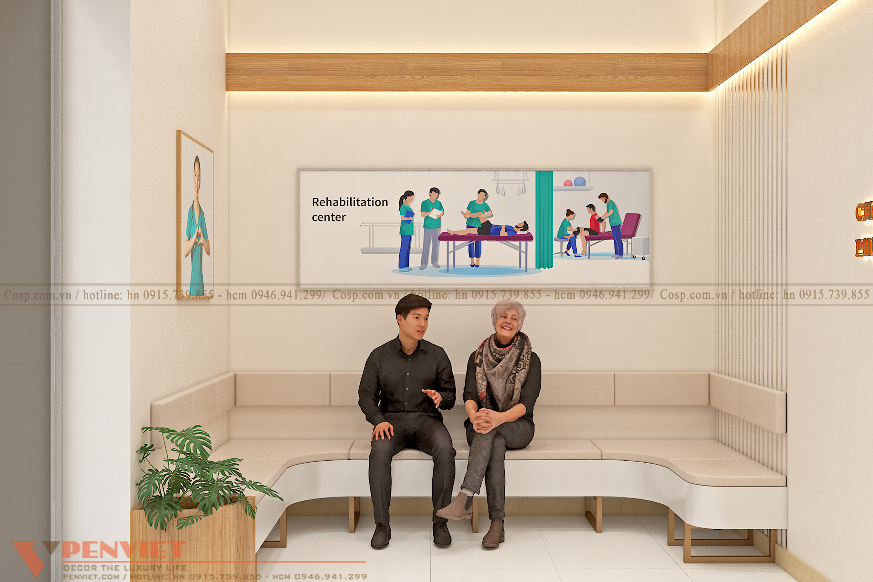 Khu vực chờ trong thiết kế phòng khám bố trí hệ ghế chờ chân sắt hộp sơn tĩnh điện, đệm bọc da với màu be phù hợp với tổng thể mang tới sự đồng điệu cho không gian.