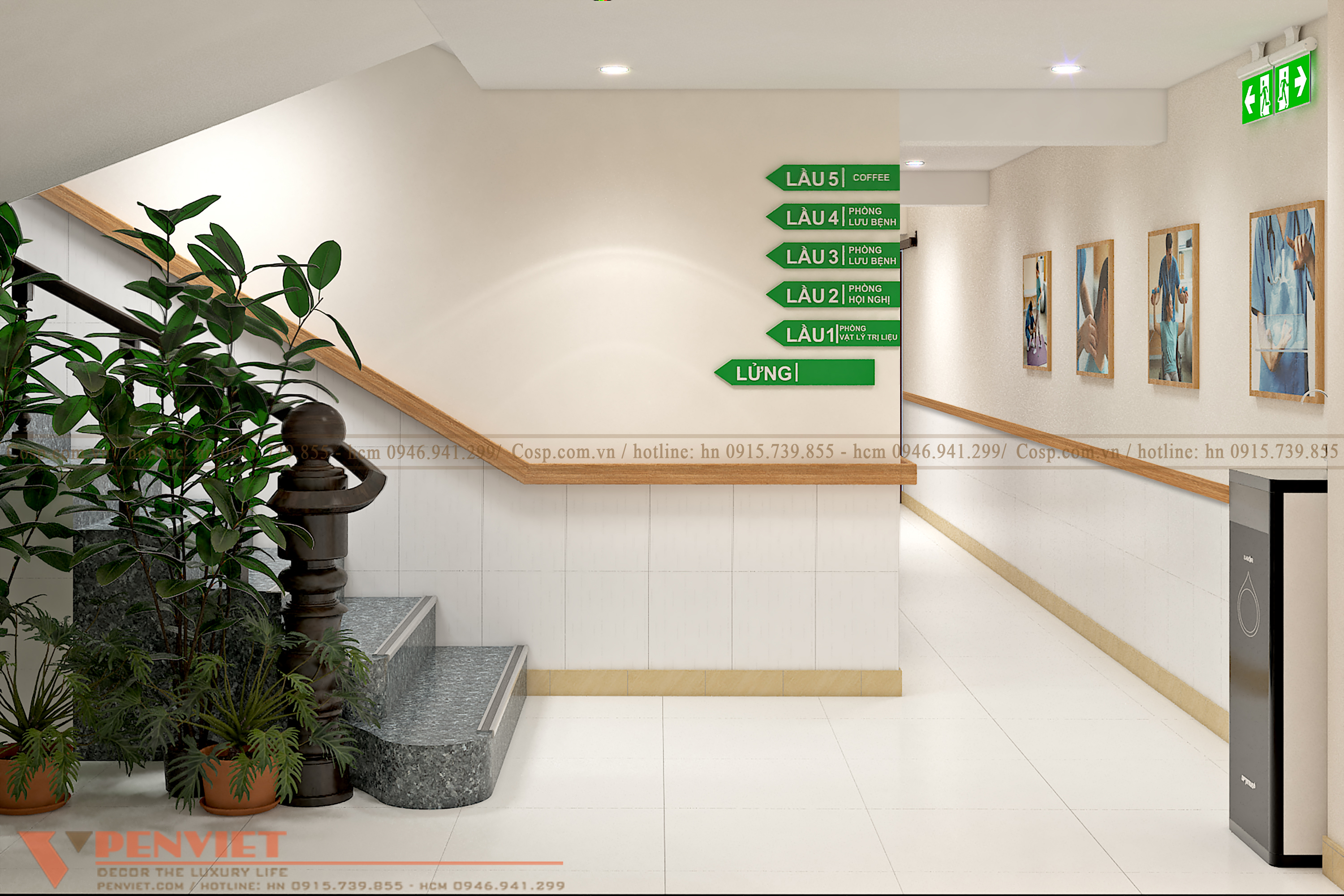 Để giúp bệnh nhân và người nhà dễ dàng tìm được các khu vực chức năng, chúng tôi bố trí biển chỉ dẫn gỗ MDF sơn xanh lá ở những vị trí như cầu thang, cửa phòng.