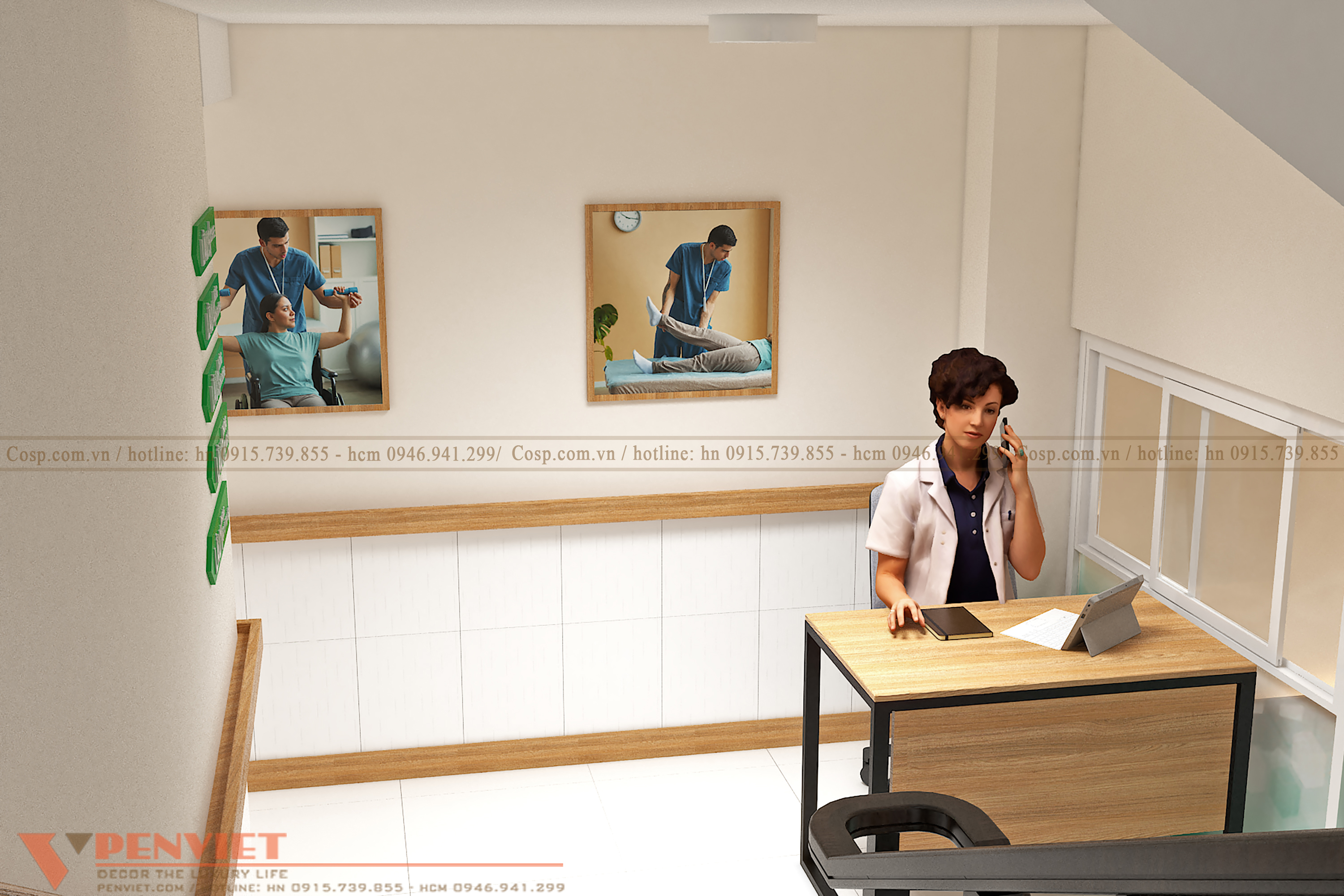 Tầng lửng đươc tận dụng đặt bàn làm việc để nhân viên tư vấn hỗ trợ người bệnh và người nhà bệnh nhân nhanh nhất