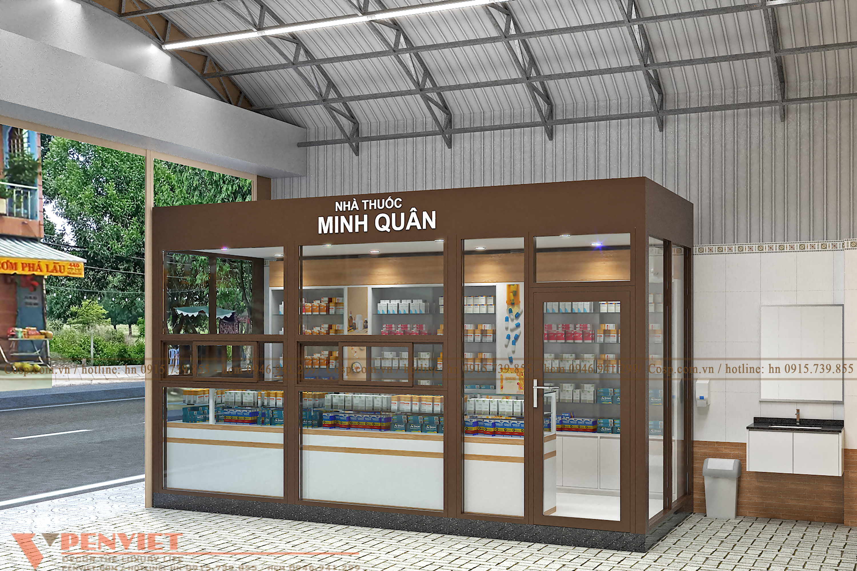 Thiết kế nhà thuốc với hệ tủ thuốc gỗ MDF bền chắc