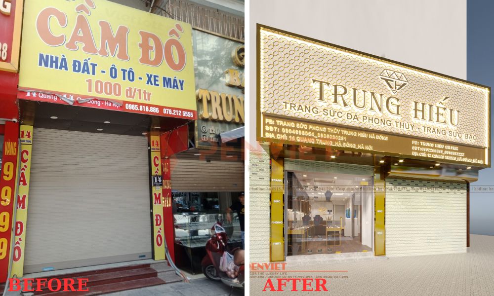trước và sau thiết kế tiệm trang sức đá thong thủy- trang sức bạc