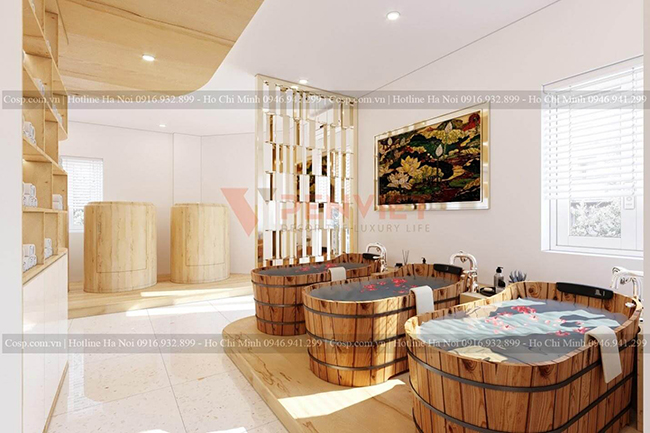 Gỗ tự nhiên là loại lựa chọn tốt cho thiết kế bồn tắm, bồn xông hơi tại các spa