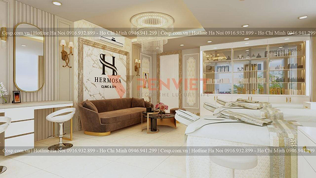 Thiết kế nội thất spa tinh tế với vật liệu kim loại