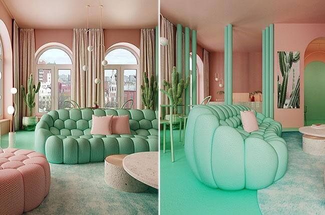 ​Thiết kế spa màu hồng cuốn hút với điểm nhấn màu xanh bạc hà